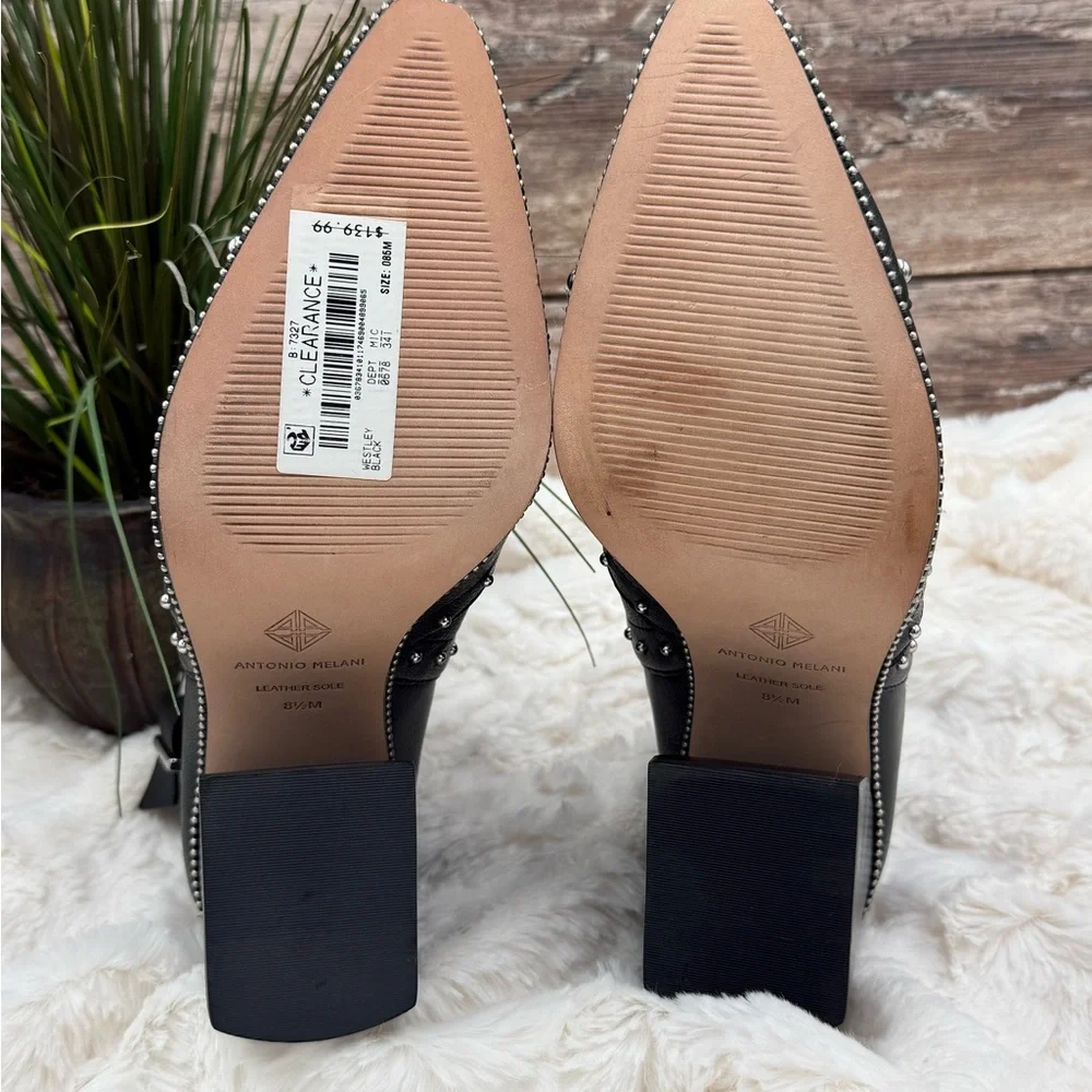 Antonio Melani Black Leather Block Heel Studded Ankle Boots with Buckle closure - Picture 11 of 16
